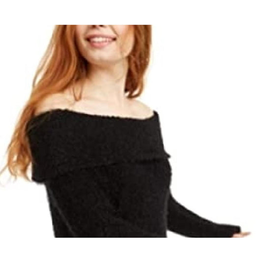 Freshman Juniors' Off-the-Shoulder Fuzzy Sweater Jet Black Size Medium