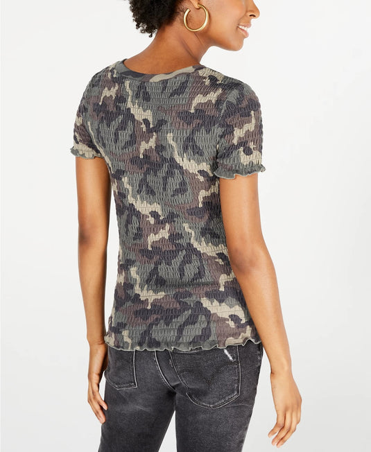 Freshman Juniors' Smocked Camo-Print Top Dark Green Size X-Small