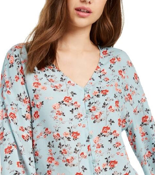 Freshman Junior's Floral Print Tie Waist Blouse Blue Size X-Large