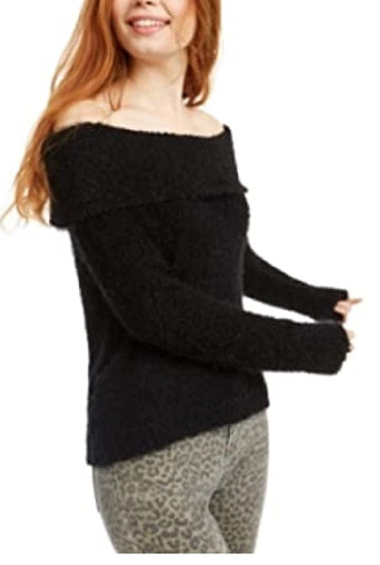 Freshman Juniors' Off-the-Shoulder Fuzzy Sweater Jet Black Size Medium