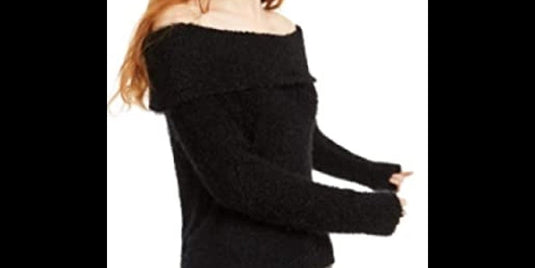 Freshman Juniors' Off-the-Shoulder Fuzzy Sweater Jet Black Size Medium