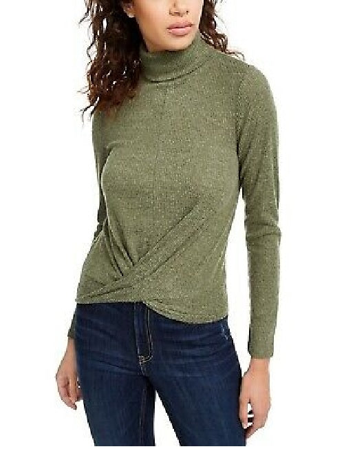 Crave Fame Juniors' Cozy Twist-Front Turtleneck Top Olive Size Extra Large