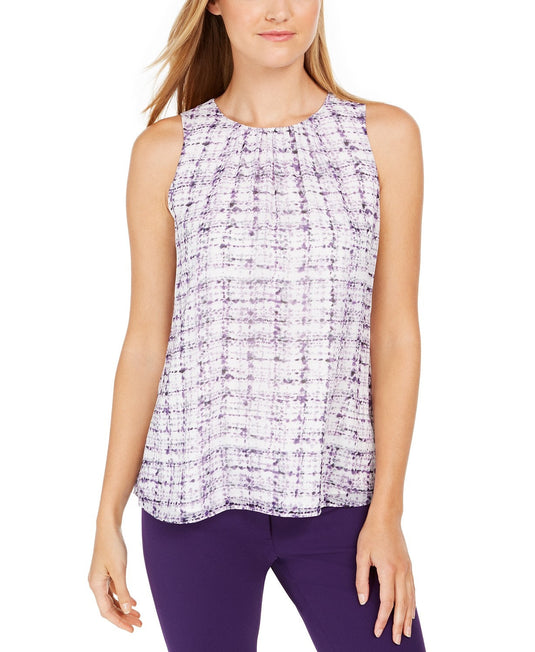 Calvin Klein Women's Sleeveless Printed Pleat-Neck Top Purple Size Medium