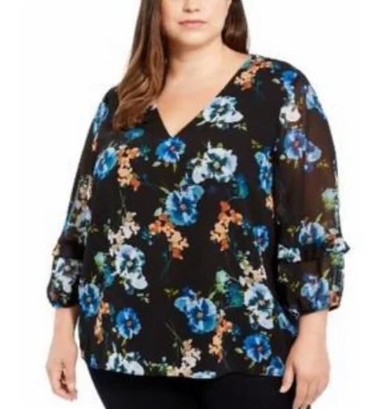 Calvin Klein Women's PlusPrinted Ruffled 3/4 Sleeve Top Black Floral Size 2X