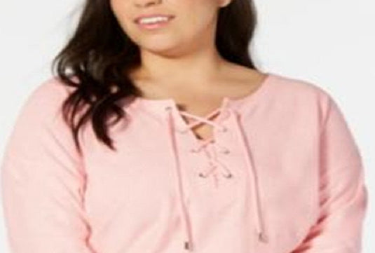 Tommy Hilfiger Women's Lace Up Three Quarter Sleeve Pullover Top Pink Size 3X