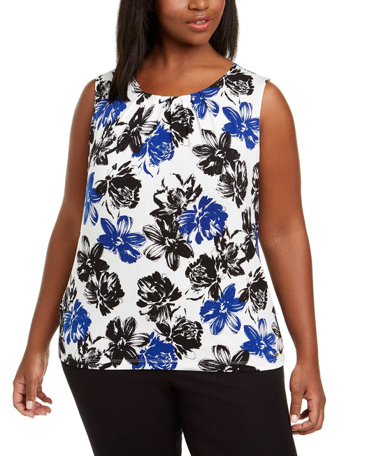 Calvin Klein Women's Floral Pleat Neck Top Blue Size 1X