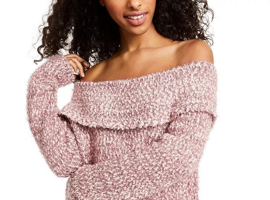 Freshman Juniors' Off-the-Shoulder Fuzzy Sweater Dark Pink Size X-Large