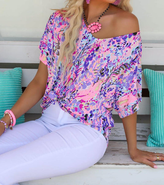 V Neck Short Sleeve Abstract Floral Top