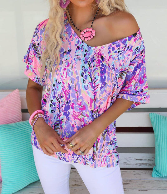 V Neck Short Sleeve Abstract Floral Top