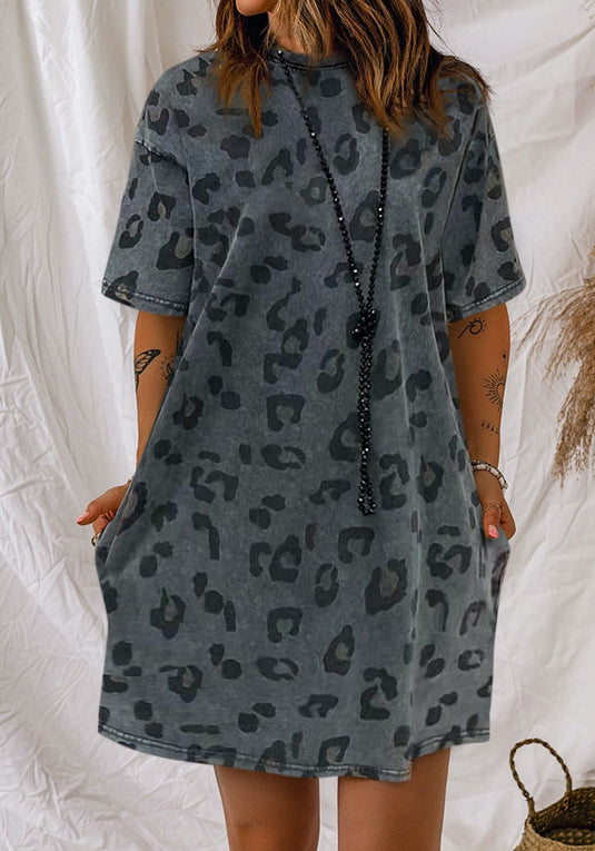Vintage Stone Wash Leopard Pocket Mini Dress