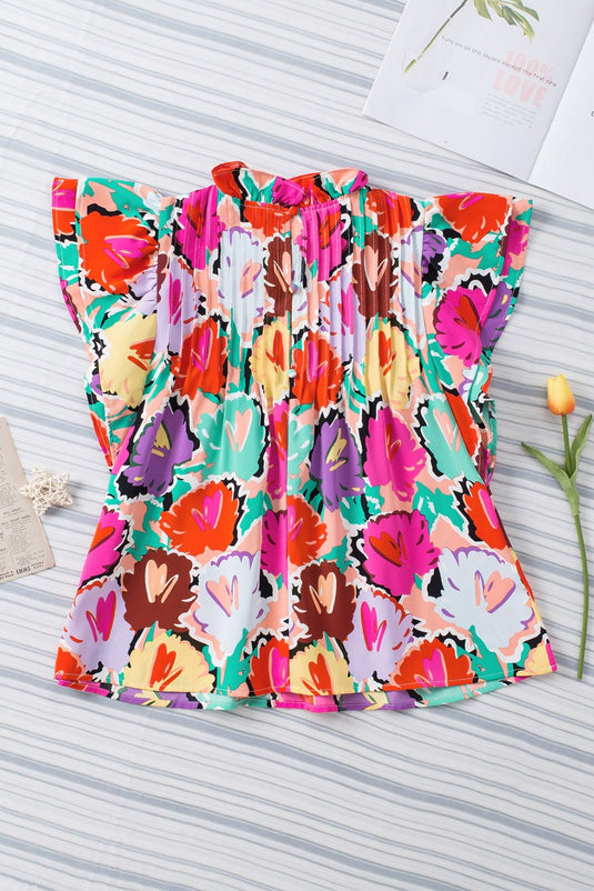 Vivid Floral Pleated Ruffled Top